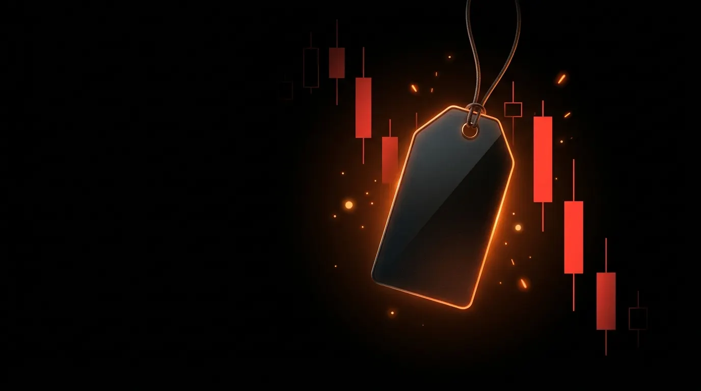 Illustration of the TradingView Black Friday sale: a glowing price tag in front of falling red candles