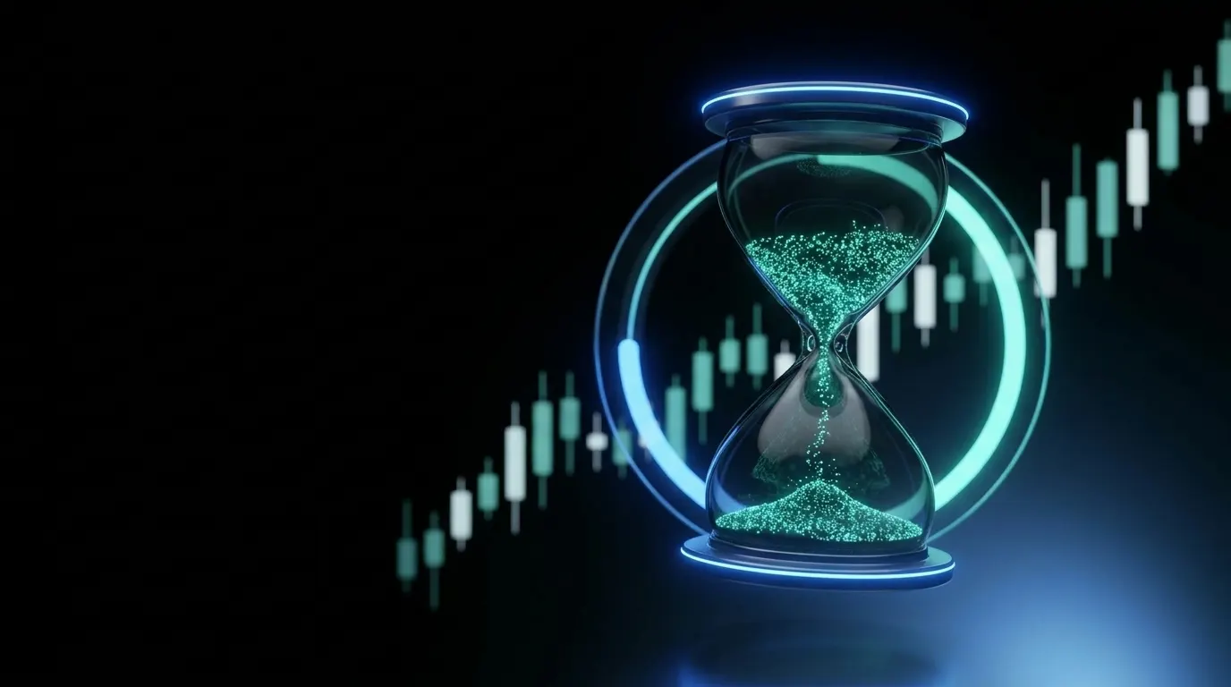 Illustration of the TradingView free trial as a glowing hourglass in front of a stock chart