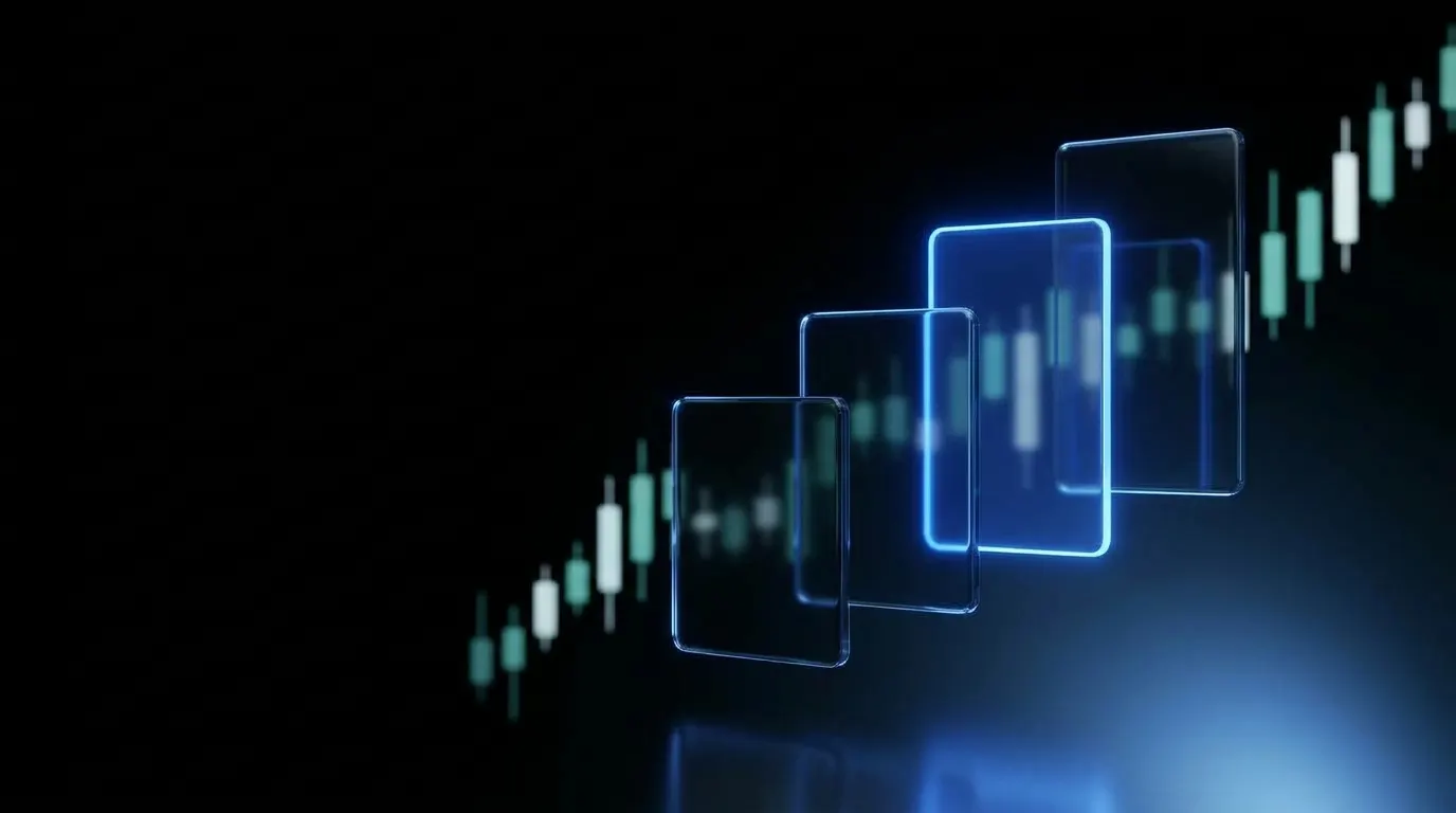 Illustration of TradingView discounts as rising glass panels over a candlestick chart